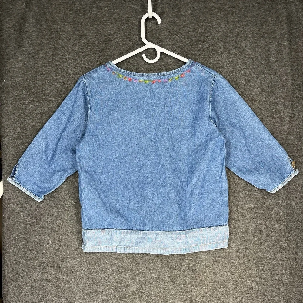 Bleu Bayou Denim Jean Blouse Shirt Womens S Embroidered Floral Cottagecore Y2K - Picture 15 of 16